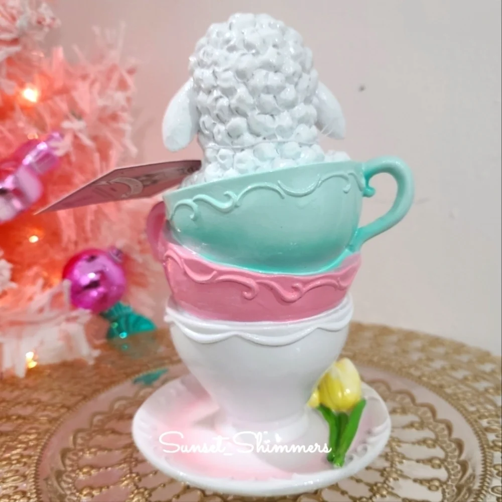 Adorable Easter Lamb In Stacked Floral Teacups & Saucer Spring Tabletop Decor